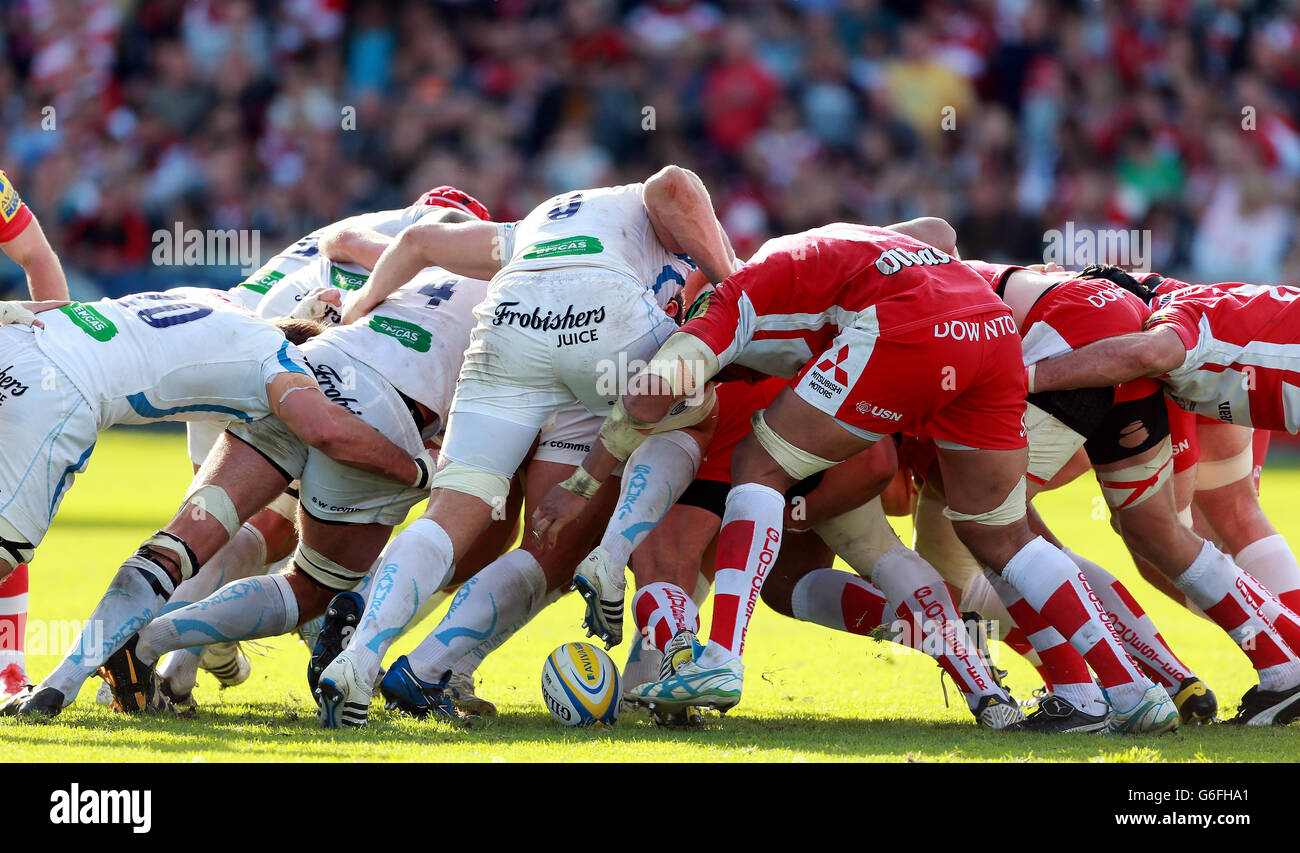 Exeter and Gloucester packs scrummage during the Aviva Premiership match at Kingsholm Stadium, Gloucester. Stock Photo