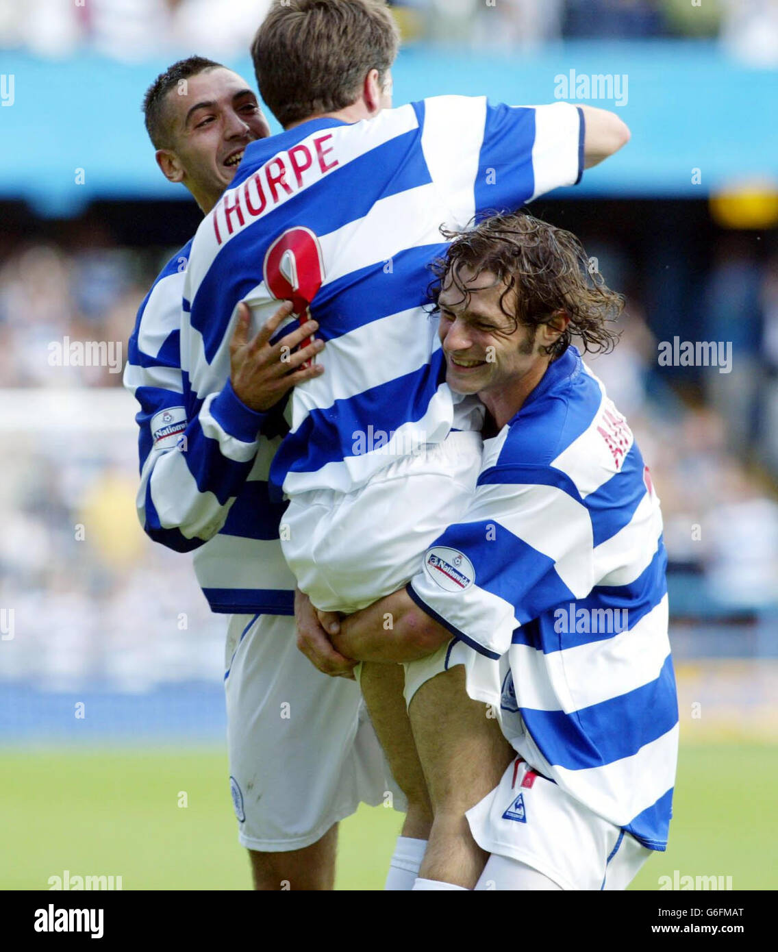Queens Park Rangers' Tony Thorpe (centre) celebrates with team-mates after scoring against Chesterfield, during their Nationwide Division Two match at QPR's Loftus Road ground in London. QPR won 3-0. NO UNOFFICIAL CLUB WEBSITE USE. Stock Photo