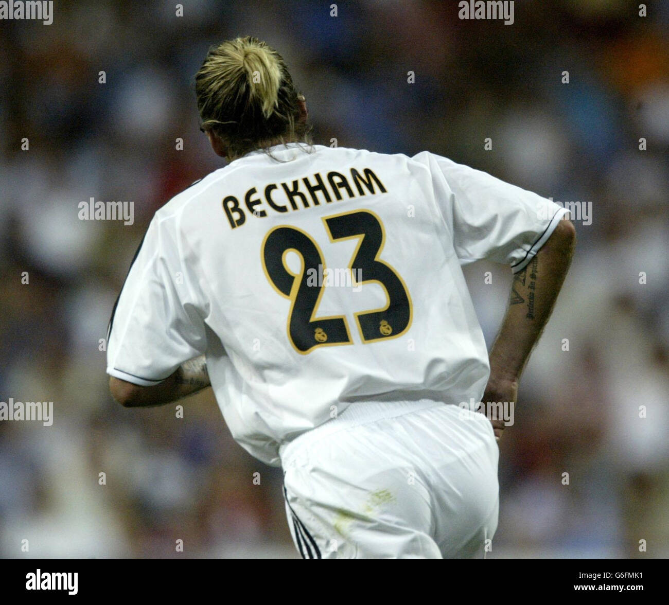 David Beckham in his number 23 shirt during his league debut for Real Madrid in their first game of the Spanish Primera Liga season, against Real Betis, at the Bernabeu Stadium in Madrid, Spain. Stock Photo