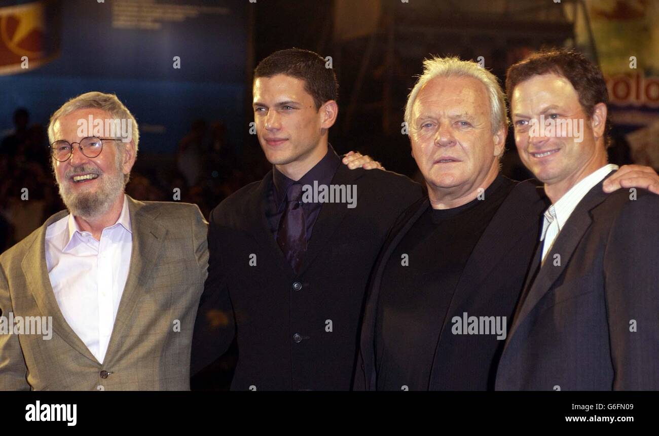 (L-R) Robert Benton, Wentworth Miller, Anthony Hopkins and Gary Sinise arrive for the screening of his latest film, The Human Stain at the 60th Venice Film Festival. Stock Photo