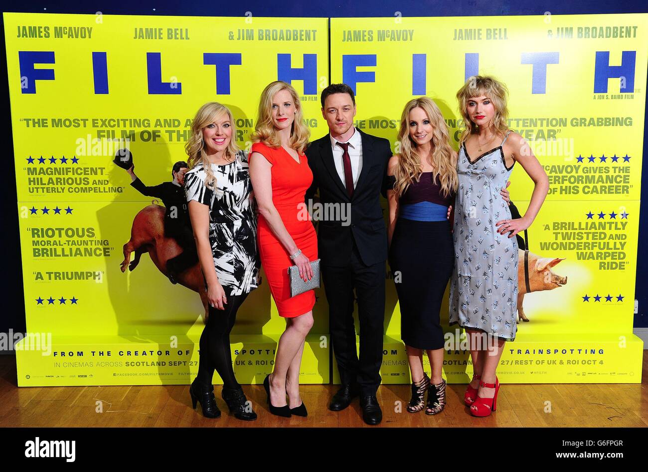 Joy McAvoy, Shauna Macdonald, James McAvoy, Joanne Froggatt and Imogen Poots arrive at the premiere of Filth at the Odeon West End in London. Stock Photo