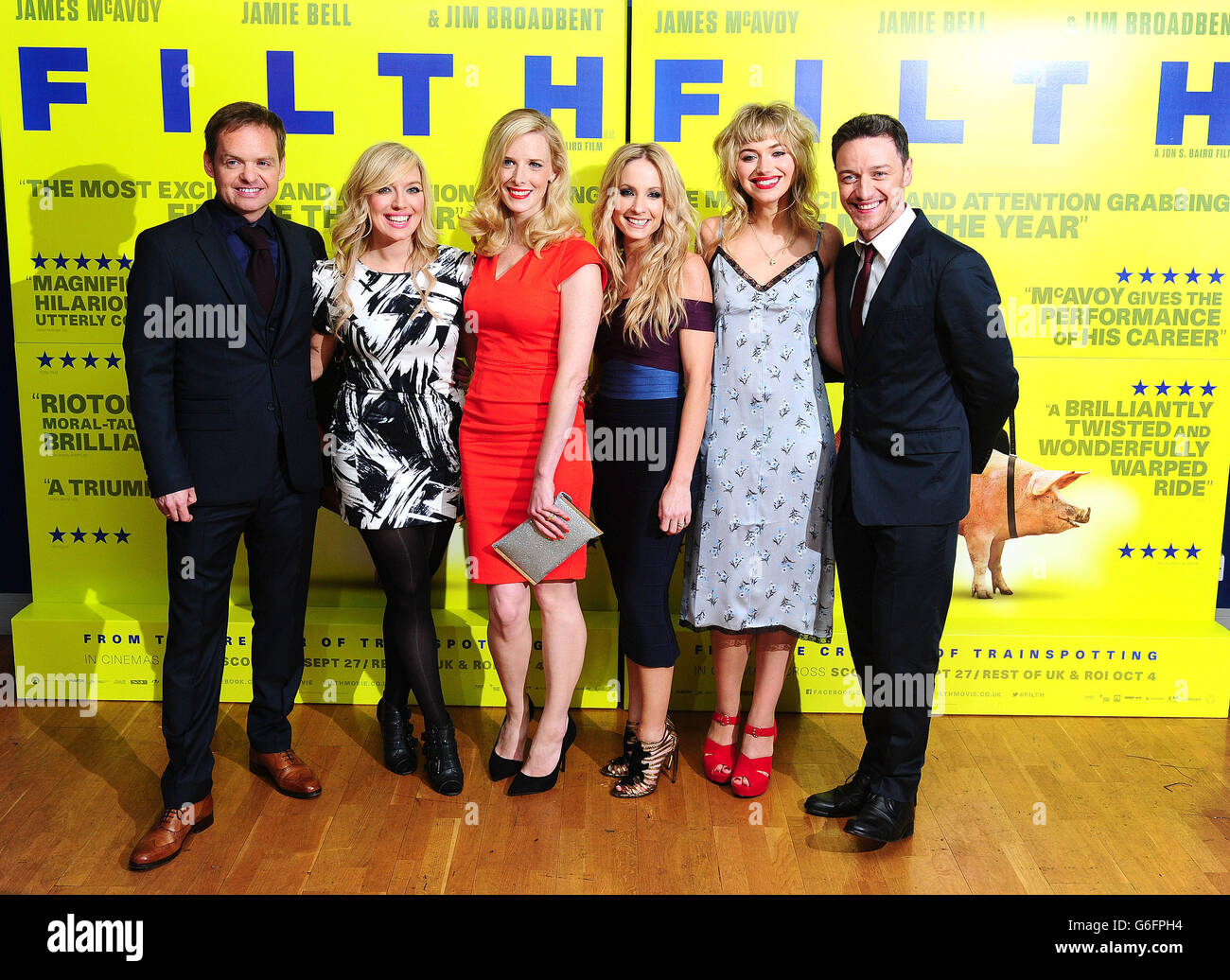 Jon S Baird, Joy McAvoy, Shauna Macdonald, Joanne Froggatt, Imogen Poots and James McAvoy arrive at the premiere of Filth at the Odeon West End in London. Stock Photo