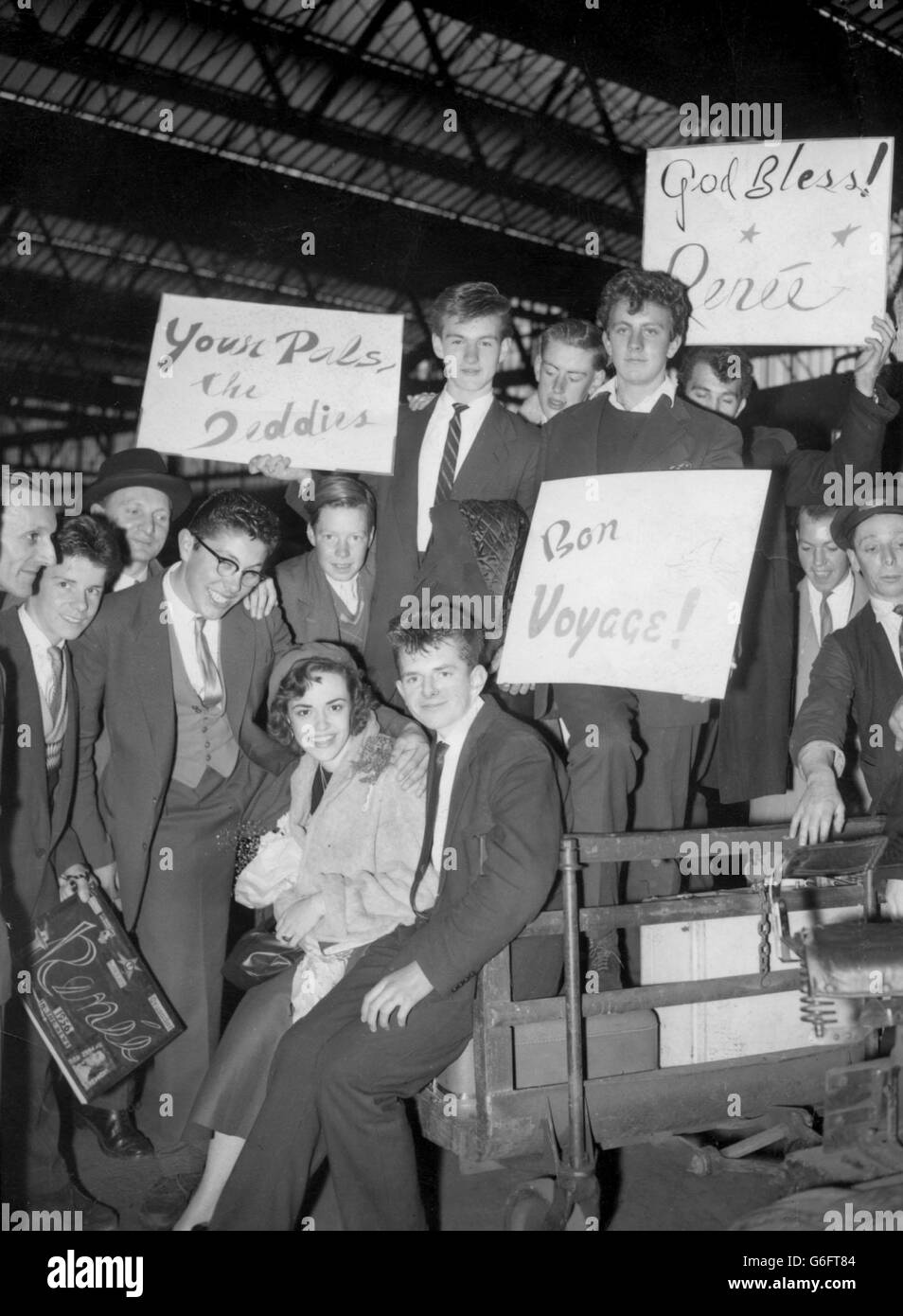 Some of London's Teddy Boys at Waterloo Station to say goodbye to young American evangelist Renee Martz, 16, as she leaves on board the Nieuw Amsterdam boat train to return home after her UK Tour. Stock Photo