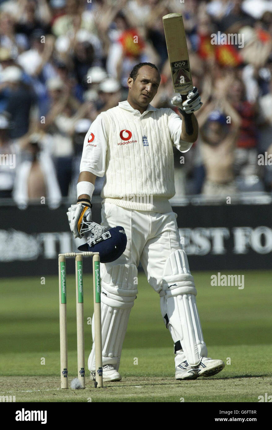 England's Mark Butcher celebrates his 100 against South Africa during the first day of the Third npower test match at Trent Bridge, Nottingham. Stock Photo