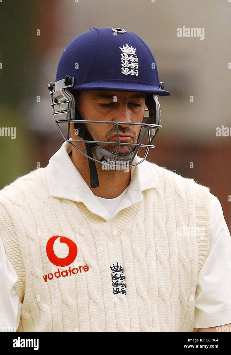 England's Martin Bicknell after being bowled by Jacques Kallis and caught by Mark Boucher for 15 during the fourth npower Test at Headingley, Monday August 25 2003. Stock Photo