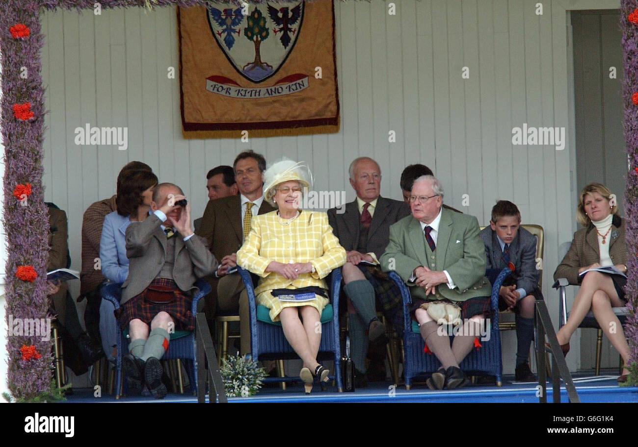 Britain's Queen Elizabeth II watches the Braemar Royal Highland Games, in Aberdeenshire. * The Queen was joined by the Duke of Edinburgh and PM Tony Blair and his wife Cherie to watch the annual event which has a history stretching back to the days of King Malcolm Canmore, 900 years ago. Stock Photo