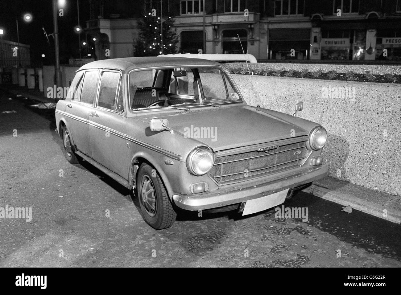 A 1972 blue Austin 1100 saloon with a black vinyl roof - similar to the one used in the Harrods car bomb attack. Detectives hope to trace the previous owner of the car. Stock Photo