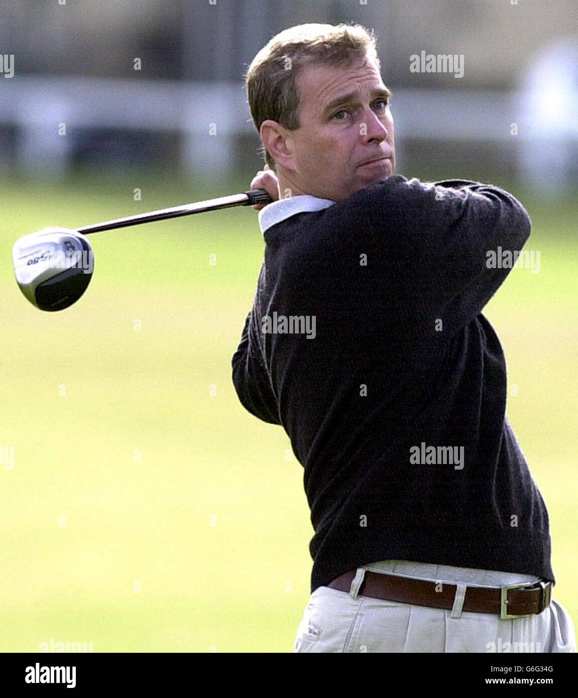 The Duke of York plays a shot at the Royal and Ancient Golf club in St Andrews, Fife, after assuming the position of captain of the club today. The Duke drove himself into golfing history today when he became the sixth member of the Royal Family to captain the sport's oldest club. He opened his captaincy with a spectacular drive off the first tee at the historic links, accompanied by the firing of a cannon. 22/03/2004: The Duke of York is to visit the United States Master's golf tournament next month, it was reported Sunday March 21 2004. He will in Augusta, Georgia, on April 5 for the Stock Photo