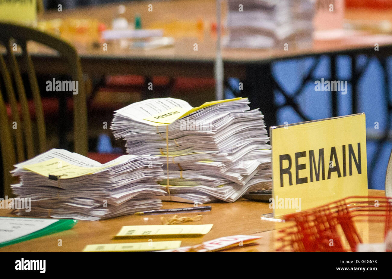Collated bundles of remain ballot at the titanic exhibition centre hi ...