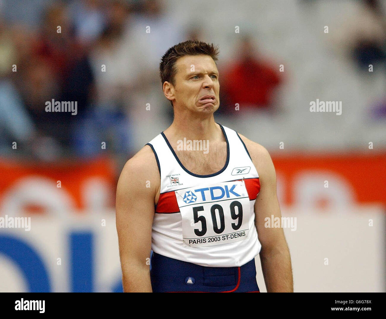Great Britain athlete Steve Backley shows his feelings after two failed  attempts to throw the qualifying distance in the heats of the men's javelin  event at the World Athletics Championships in Paris