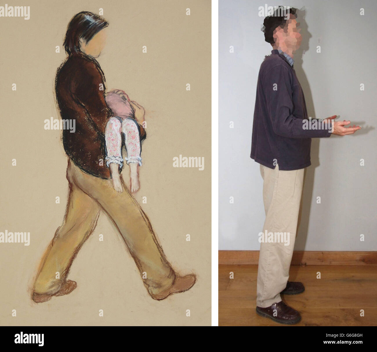 Undated image issued by the Metropolitan Police, as part of the investigations into the disappearance of Madeleine McCann in 2007, the original sketch (left) that a person made at the time together with a Met Police photo of the British holidaymaker (right) who they have spoken to and is seen here wearing the clothes he believes he may have been wearing that evening, This is the person police believe they have identified as the man who was seen by Jane Tanner carrying a child at about 21.15 near the apartment G5A. Stock Photo