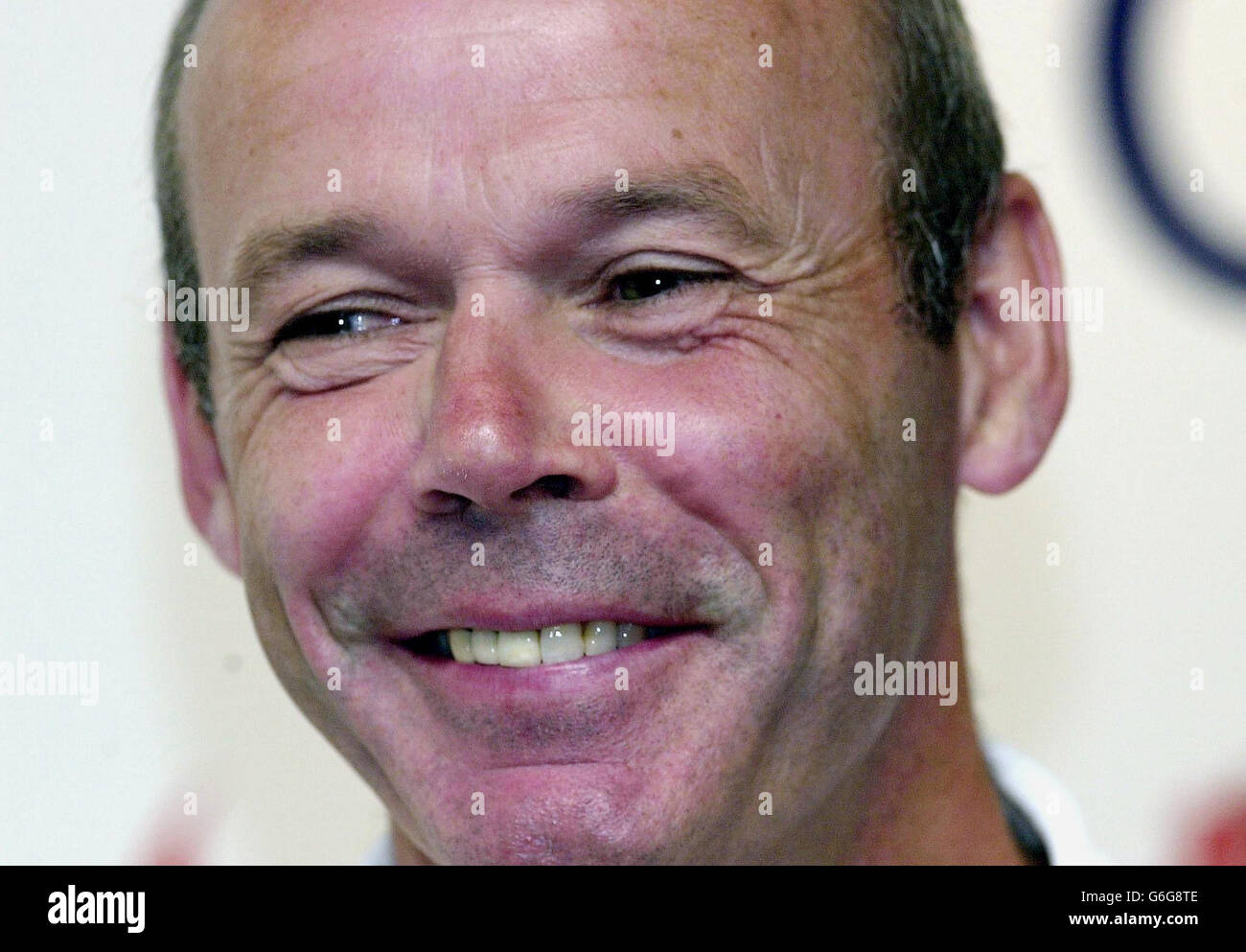 England coach, Clive Woodward appears pleased as he announces his team to play France, at their HQ at Pennyhill Park Hotel, Bagshot. England will be hoping to avenge the 17-16 defeat they suffered in France. Stock Photo