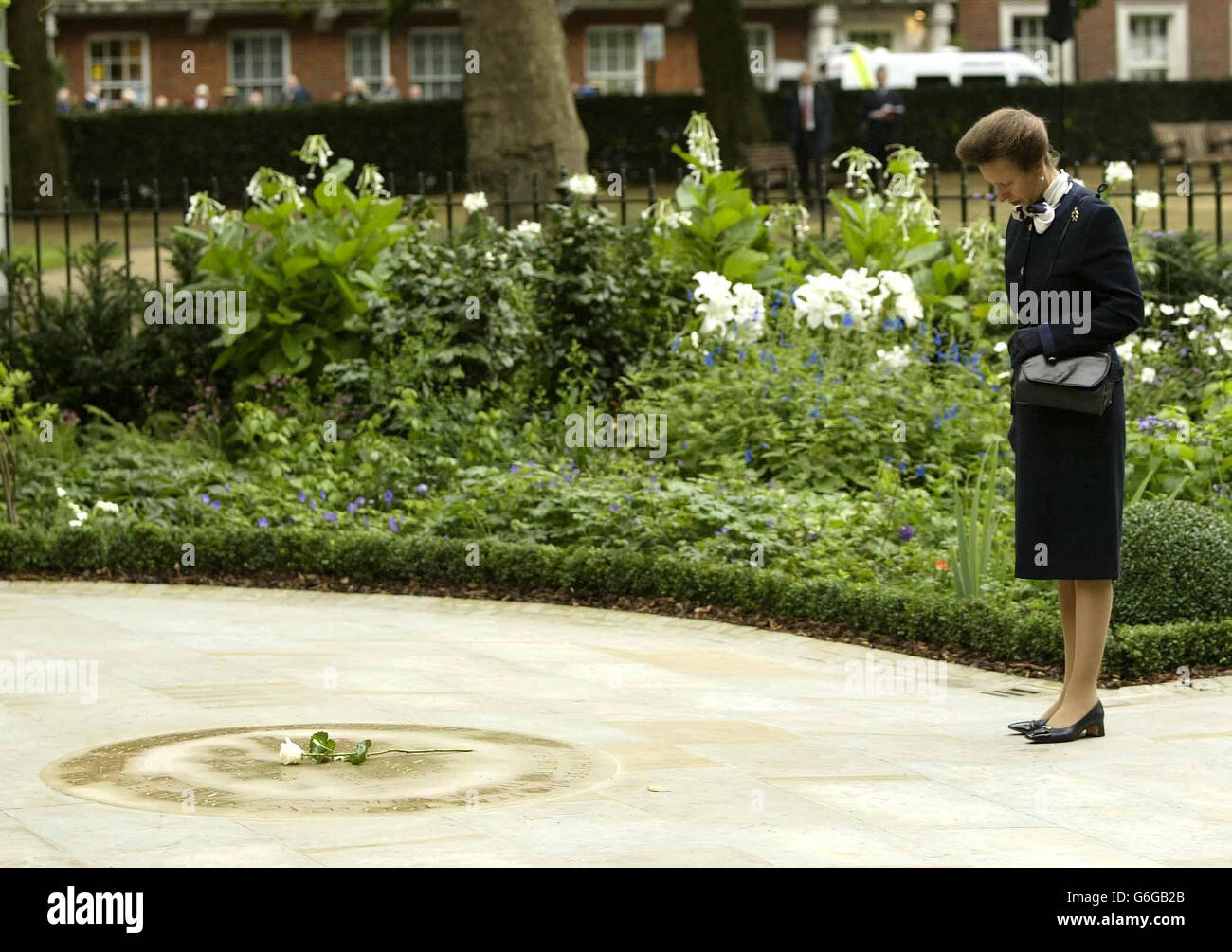 The Princess Royal opens the memorial garden in Grosvenor Square, London, dedicated to the memory of those who died when two hijacked passenger jets that crashed into the twin towers of New York's World Trade Centre. * The garden of remembrance contains a small pavilion bearing three bronze plaques, listing the names of victims for the UK, UK Overseas Territories and those with dual nationalities. Stock Photo
