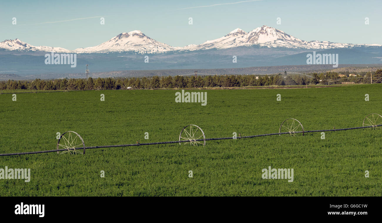 Farm irrigation tools stand in the farm fields near Three Sisters and Bend, Oregon Stock Photo