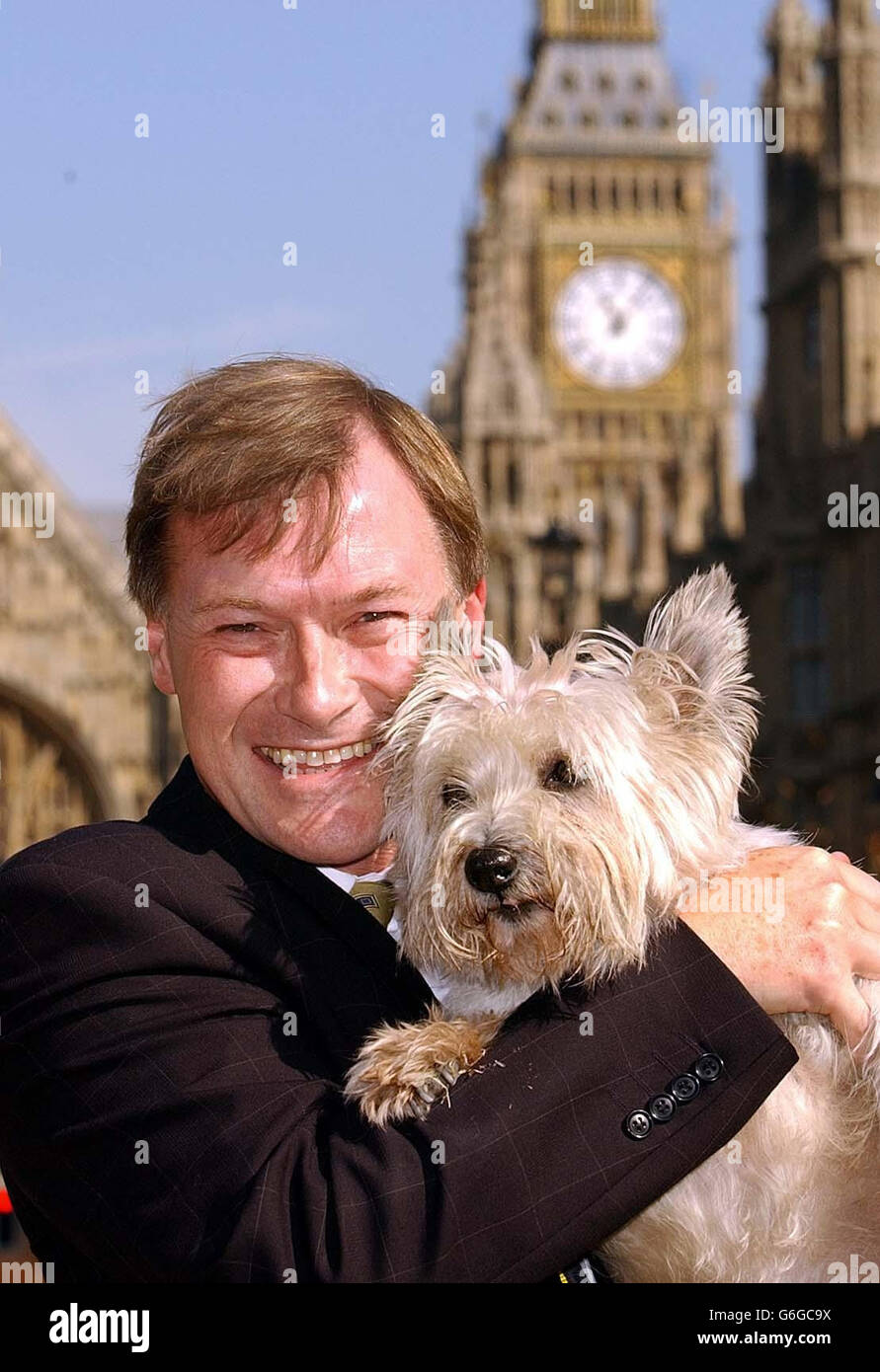 David Amess, MP for Southend West in Essex, with four-legged support outside the Houses of Parliament ahead of a new stray animals Bill he is proposing. The Bill, endorsed by animal welfare organisations, aims help to stop the tug of war between old owners and new owners, when stray animals are found then rehoused with new owners, that sometimes end up in Court battles and litigation costing several thousand pounds for both parties. Stock Photo