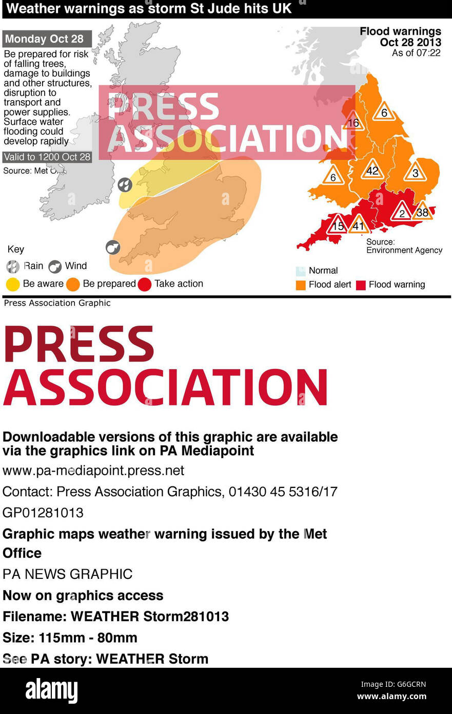 Graphic maps weather warnings issued by the Met Office and the Environment Agency Stock Photo