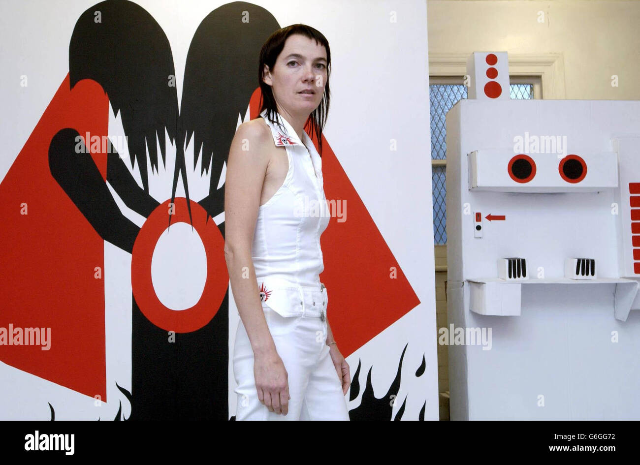 Artist Antoinette Hachler showcases her exhibition at the opening of the Toilet Gallery in Kingston, central London. The converted public convenience will exhibit film, video and performance art, and is set to become an important showcase for young British artists. Stock Photo