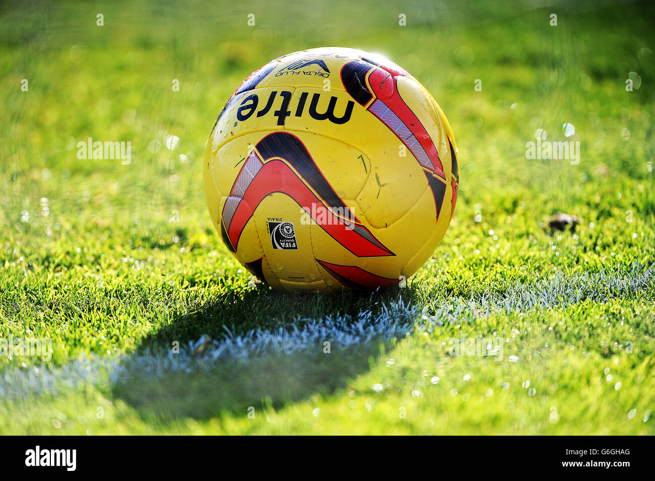 Soccer - Sky Bet League One - Coventry City v Notts County - Sixfields. Detail of the hi-visibility official Football League match ball, the Delta V12 Fluo Stock Photo