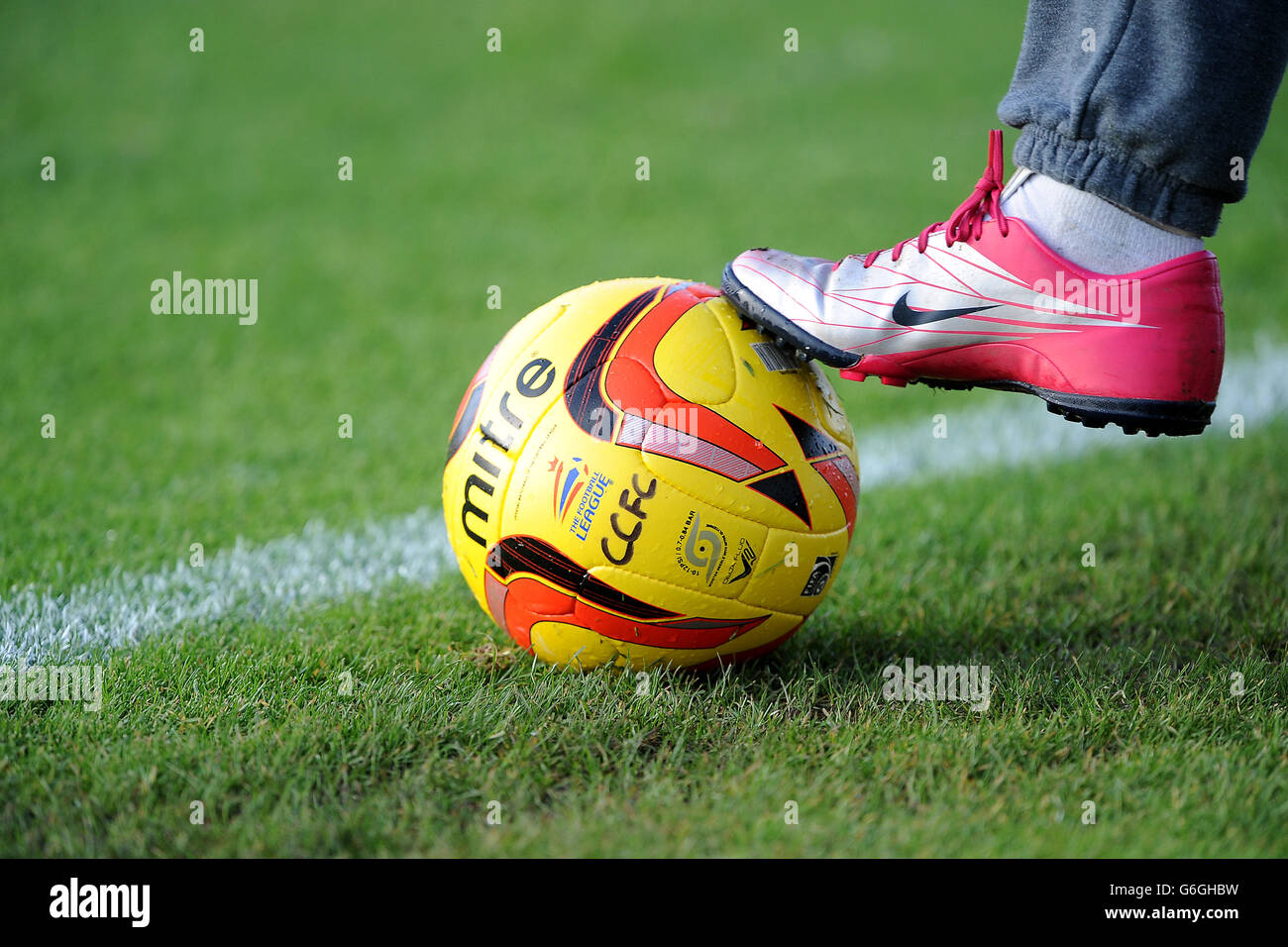 Soccer - Sky Bet League One - Coventry City v Notts County - Sixfields. Detail of the hi-visibility official Football League match ball, the Delta V12 Fluo Stock Photo