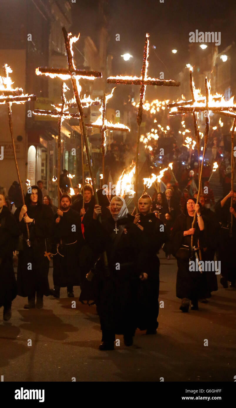 The Lewes Bonfire Society's parade through Lewes, in East Sussex, as ...