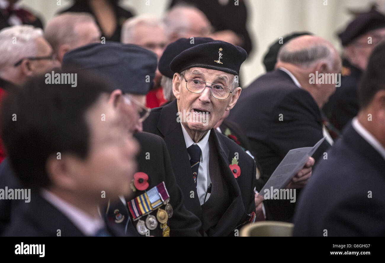 British Korean war veterans await the arrival of The President of the Republic of Korea, Her Excellency Park Geun-hye and the Duke of Cambridge prior to a Korean War Memorial Ground-breaking Ceremony, at Victoria Embankment Gardens in central London. Stock Photo