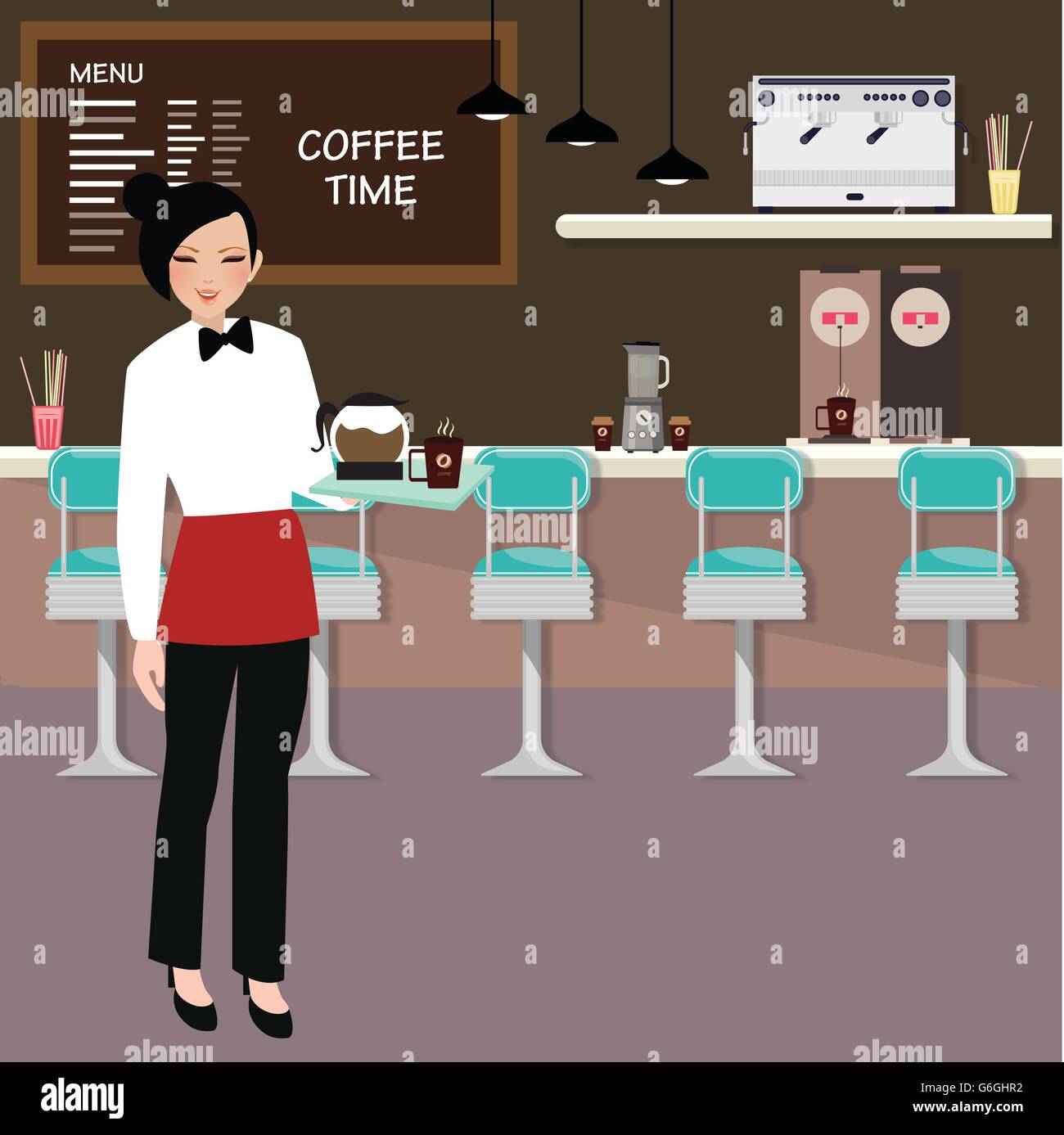 cafe waitress holding coffee serve with interior of the restaurant ...