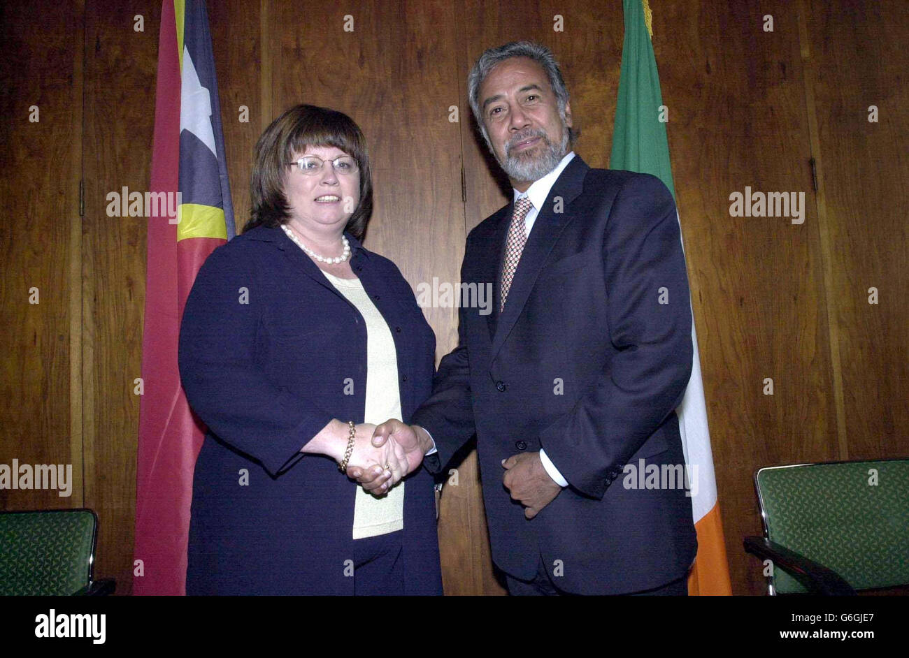 President of East Timor, Xanana Gusmao is greeted by Deputy Prime Minister of Ireland, Mary Harney, at the Ministry of Enterprise, Trade and Employment offices, Dublin, Ireland, during his visit to the Republic of Ireland and Northern Ireland. Stock Photo