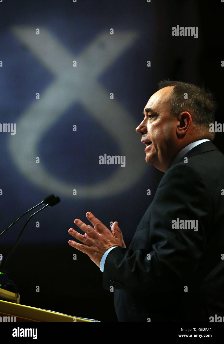 Party Leader Alex Salmond delivers his address to the Scottish National Party conference in Perth. Stock Photo