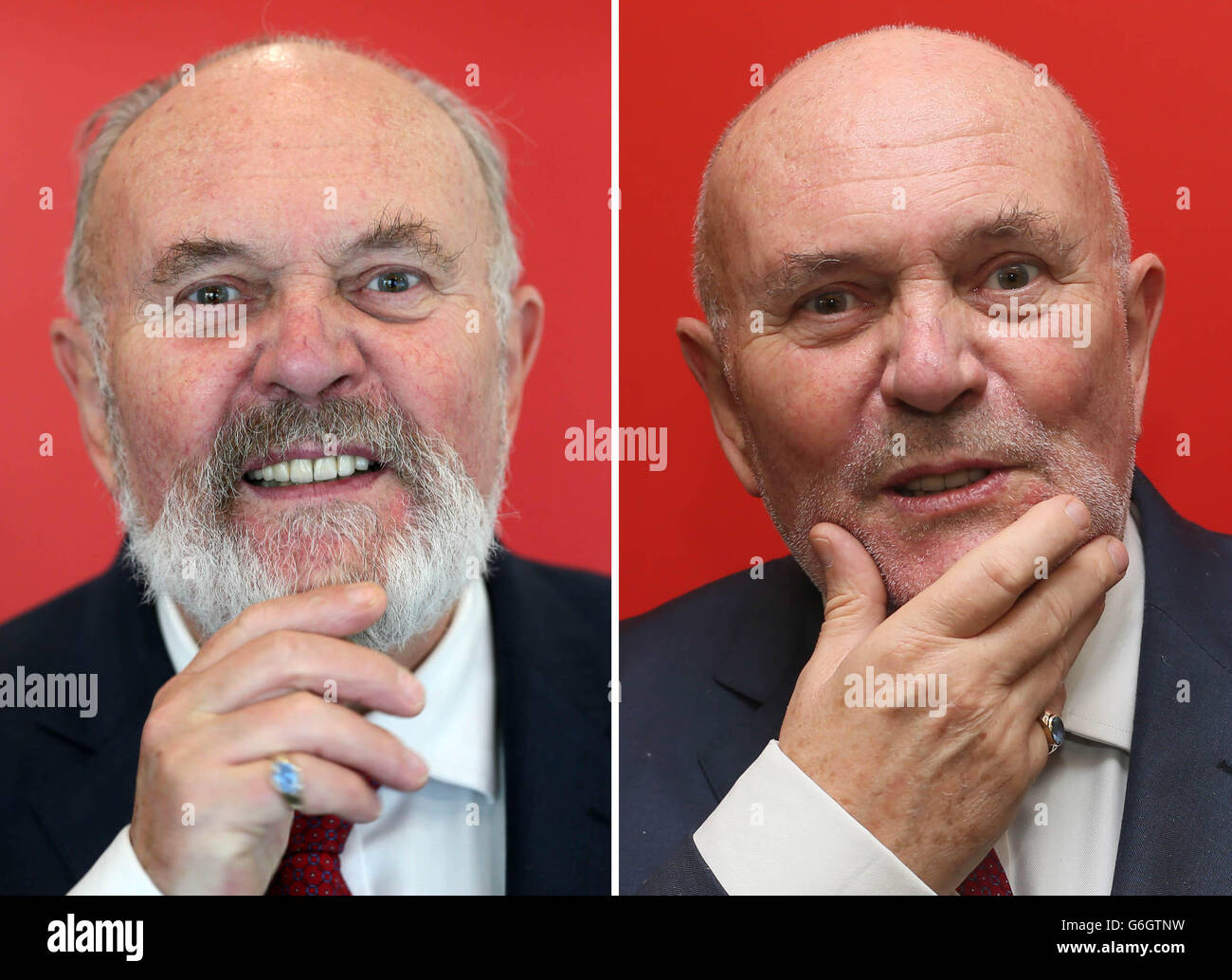 Senator David Norris before and after he had his beard shaved off for the first time in 40 years live on Ray D'Arcy show on Today FM in Dublin. Stock Photo
