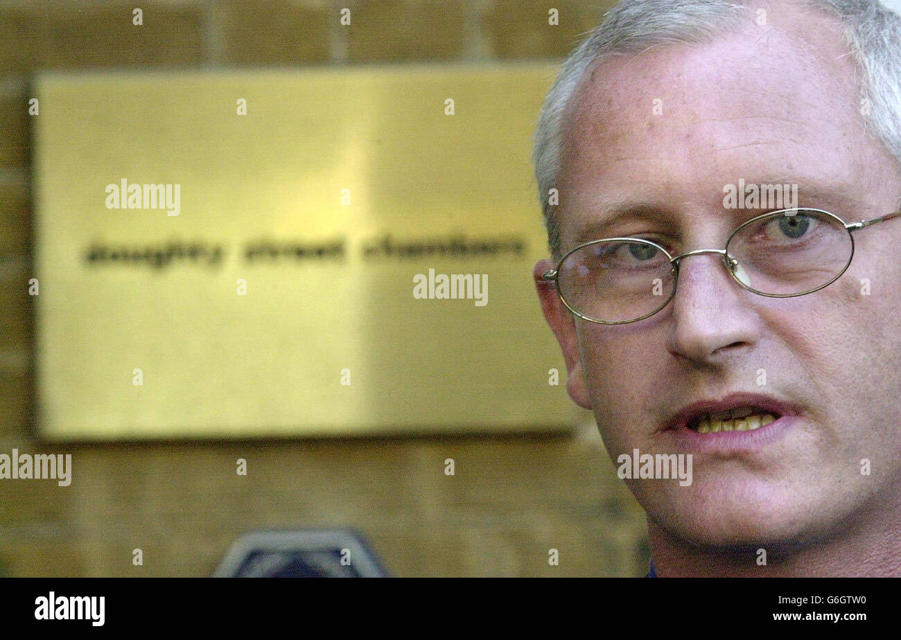 Geoff Gray, whose son Geoff died in non-combat at Deepcut army barracks, speaks to the media outside Doughty Street legal chambers in London. Families of British soldiers who have died in non-combat have announced the launch of a help group for other families in the same situation. Stock Photo
