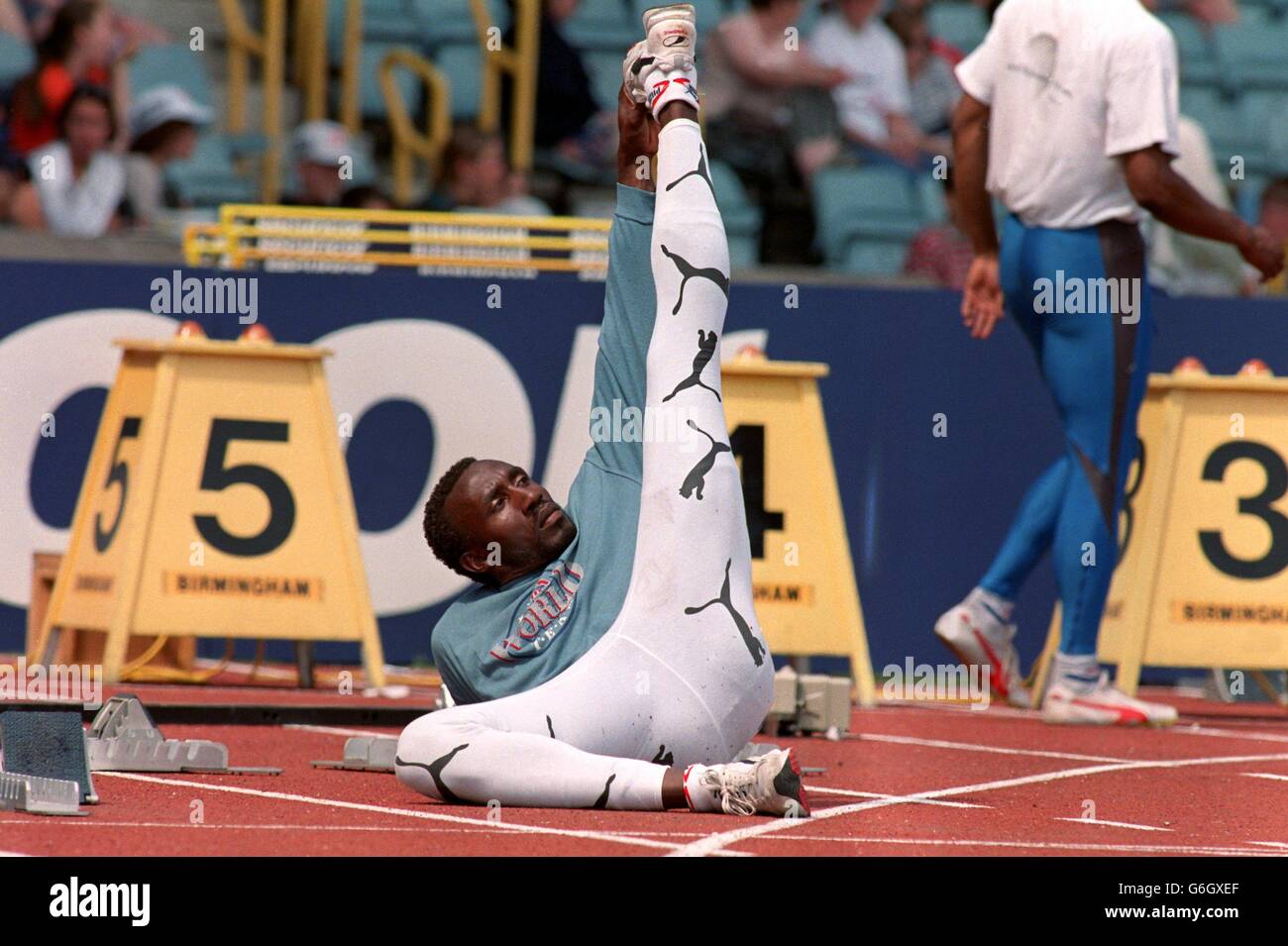 Athletics, British Olympic Trials, Birmingham. Linford Christie, warming up before his race Stock Photo