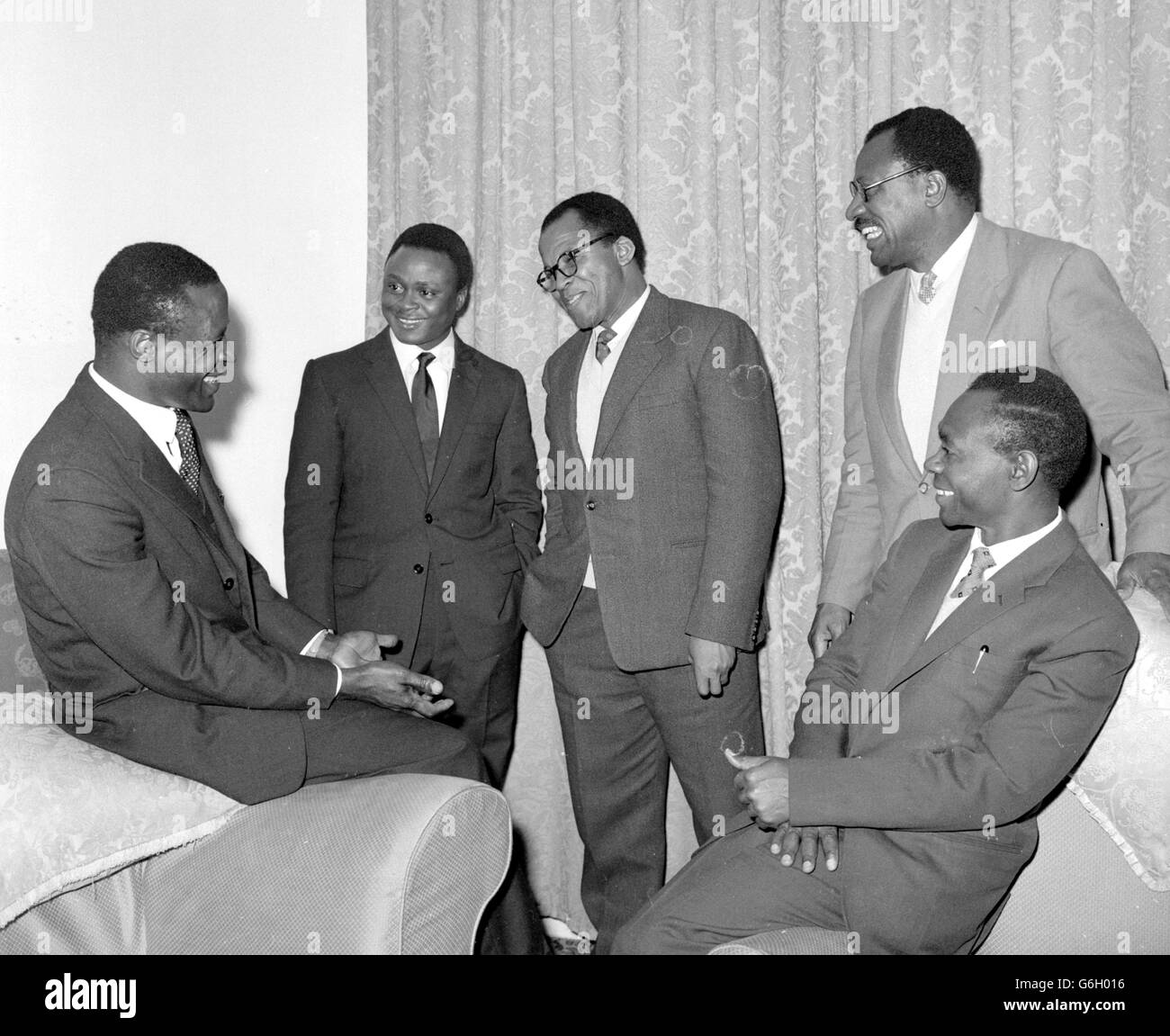 Left to right: S.T Muna (British Cameroons Minister for Commerce and Industry), W.N.O. Effiom (British Cameroons Minister of Works and Transport), A.N. Jua (British Cameroons Minister of Social Service), P.M.Kale (President of the Kameroun United Party), and J.N.Foncha (Prime Minister of The British Cameroons). Stock Photo