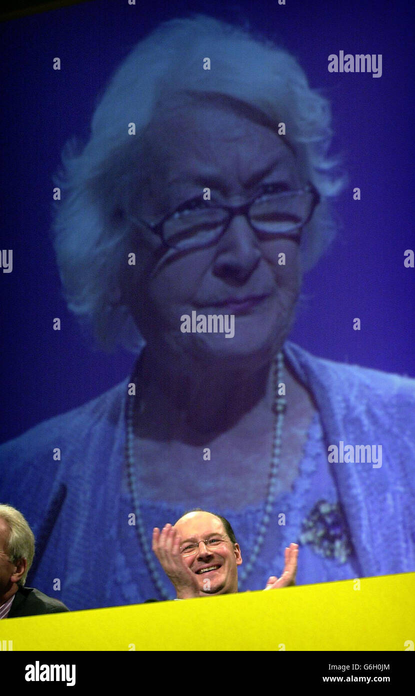 Scottish National Party Leader John Swinney enjoys the speach made by Scottish National Party President Winnie Ewing at the S.N.P conference in Inverness. Stock Photo