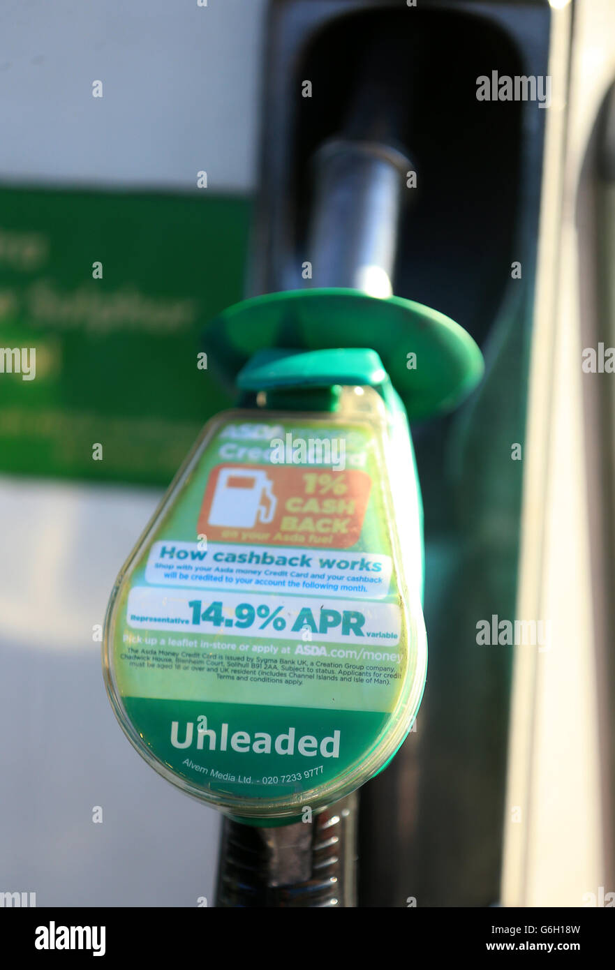 A petrol pump at an ASDA petrol station in Grantham, Lincolnshire showing price of 126.7p a litre for petrol or 133.7p for diesel. Stock Photo