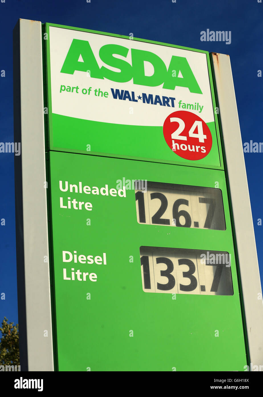 A sign outside an asda petrol station in grantham hires stock