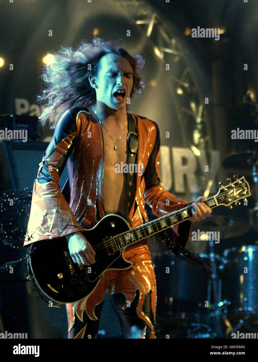 Justin Hawkins of The Darkness performing on stage at the Panasonic Mercury Music Prize at the Grosvenor House Hotel in central London. Stock Photo