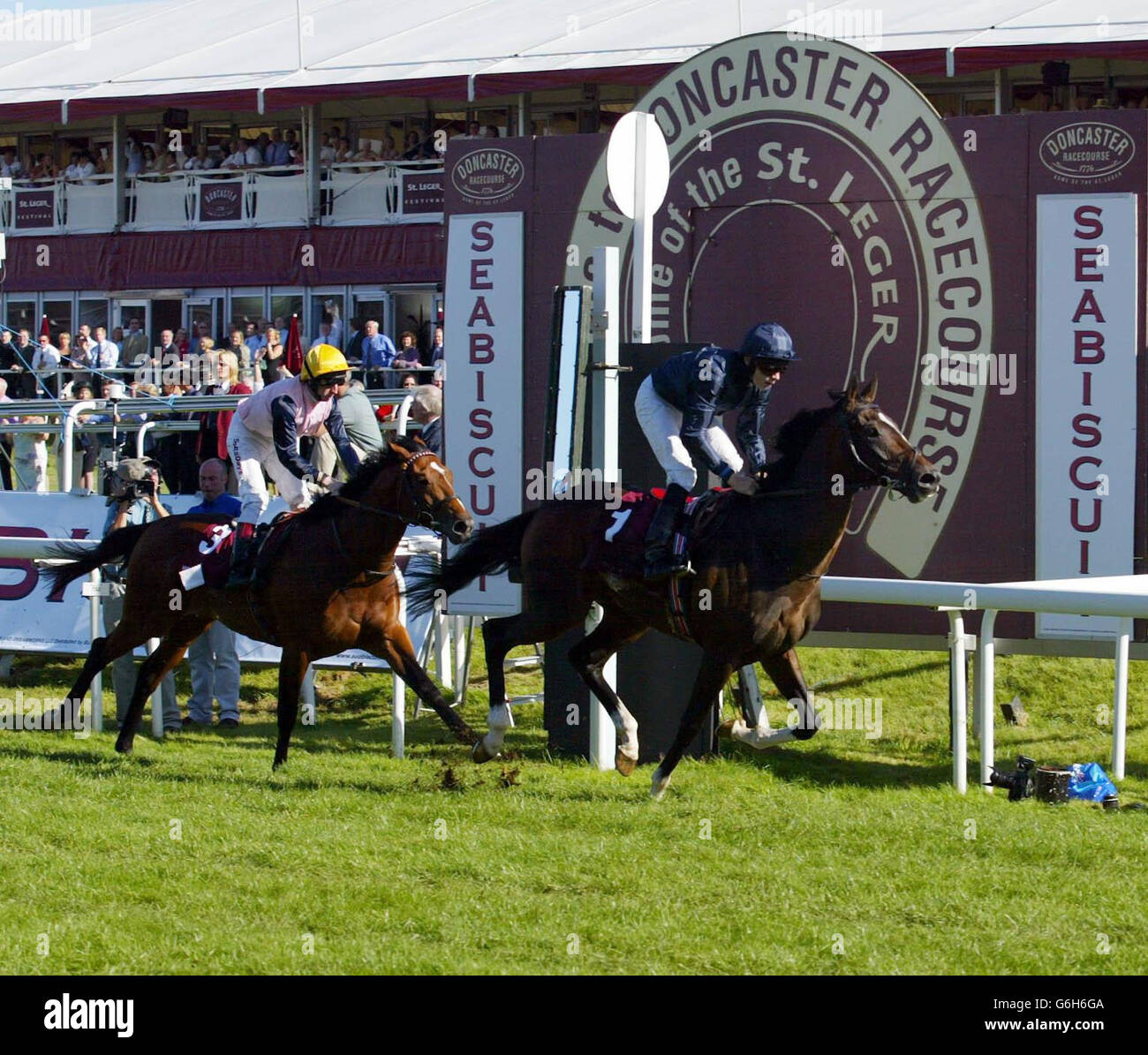 Jamie Spencer on Brian Boru wins the Seabiscuit St Leger Stakes at Doncaster. Stock Photo