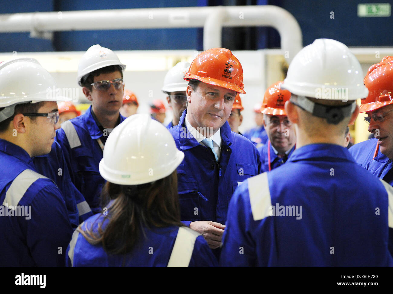 Prime Minister David Cameron meets workers in the Charge Hall at Hinkley Point B in Somerset. Britain's first new nuclear power station in a generation is to be built under a £16 billion project which will create thousands of new jobs. Stock Photo