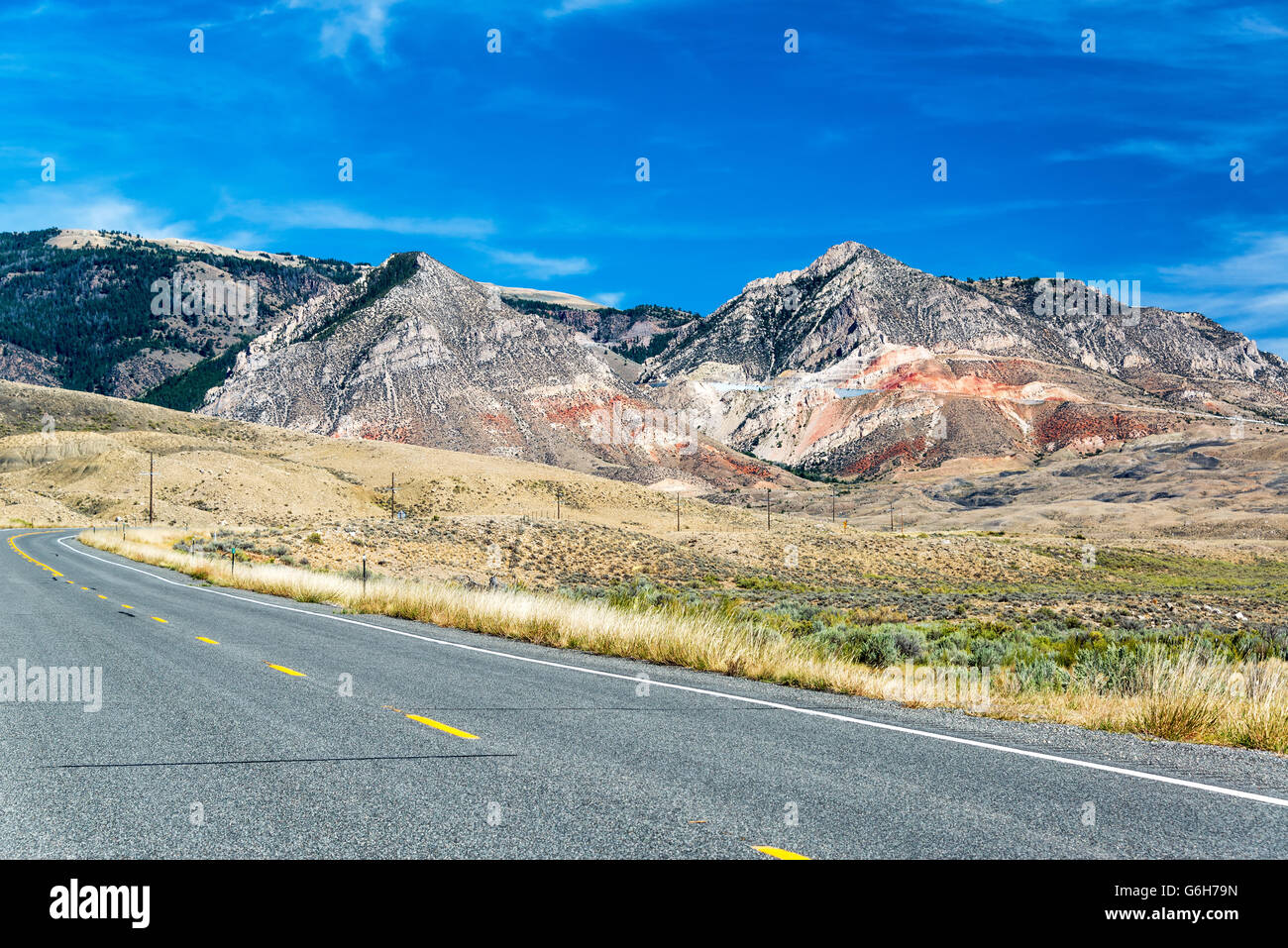 Highway leading up through the Bighorn Mountain Range and to Sheridan, Wyoming Stock Photo