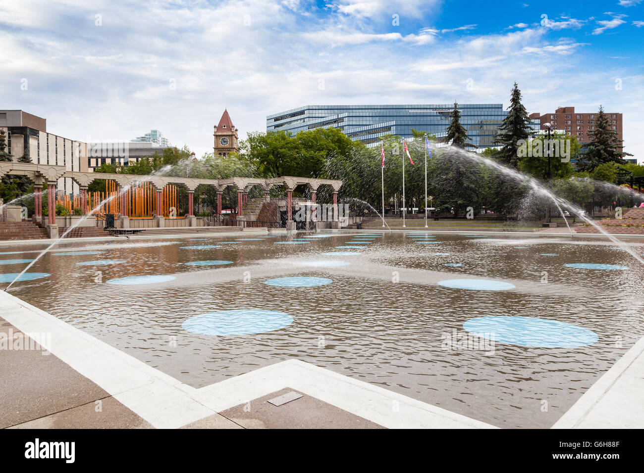 The Olympic Plaza in downtown Calgary is a public park created in 1988 for the Winter Olympic Games medal ceremonies. Stock Photo