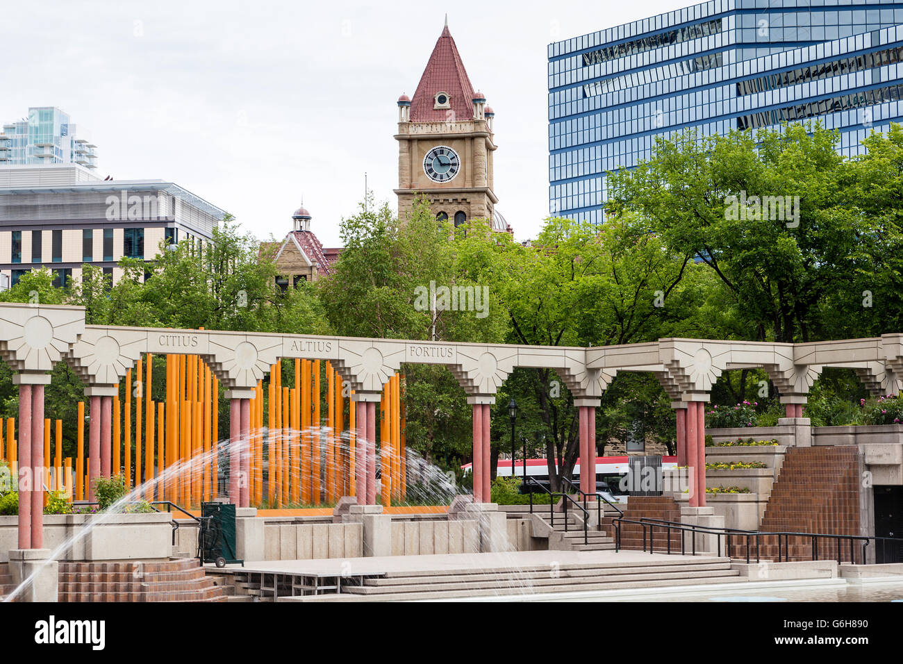 The Olympic Plaza in downtown Calgary is a public park created in 1988 for the Winter Olympic Games medal ceremonies. Stock Photo