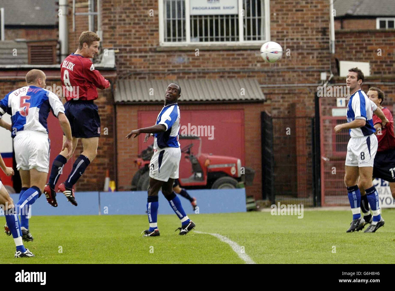 York City's Lee Bullock (second left) heads home a goal against Bristol Rovers, during the Nationwide Division Three match at Bootham Crescent, York. . Stock Photo