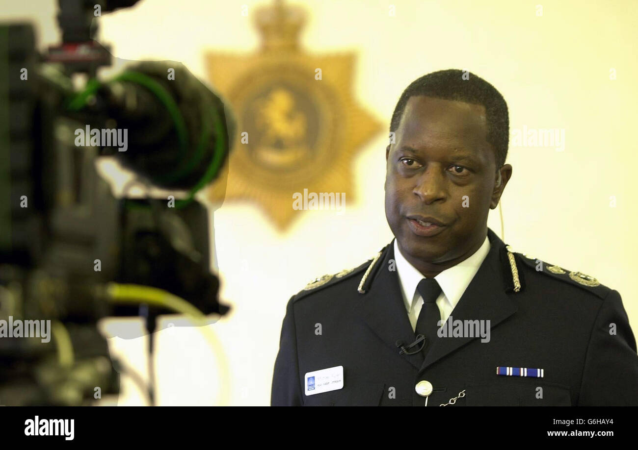 Mike Fuller, the new chief constable of Kent, in front of the cameras at a news conference at Kent Police HQ, Maidstone, where he said today he hoped his appointment would set an 'example to others'. Mr Fuller, 44, who is to become Britain's first black chief constable, said he was 'relishing the opportunity' to take on the job, which he will take up in January. He said a black chief constable in Britain was 'long overdue'. Stock Photo