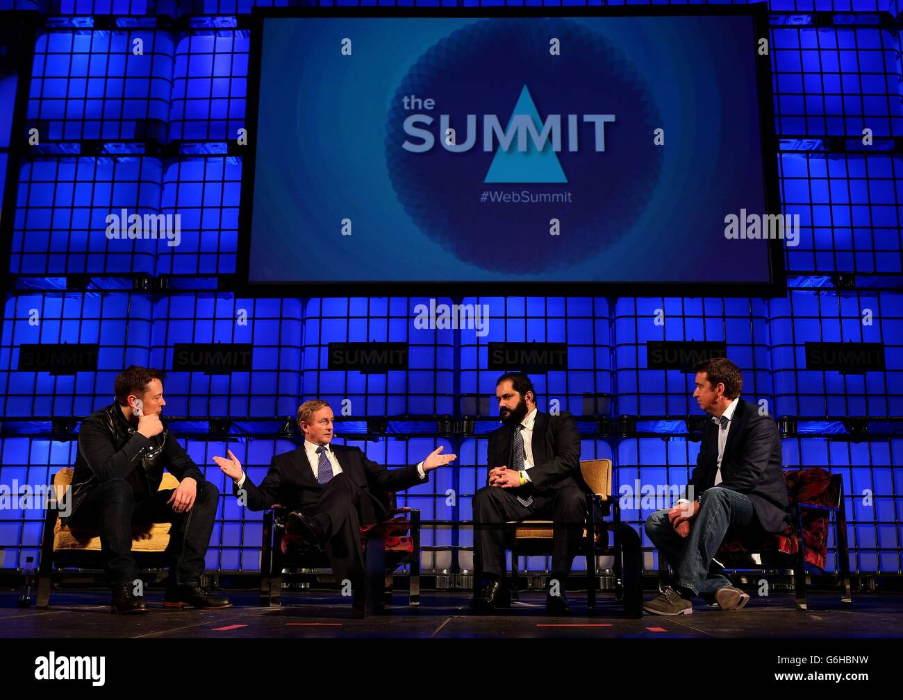 Taoiseach Enda Kenny TD (second right) with (from left) Elon Musk, Shervin Pishevar and Mark Little at the Dublin web summit which is being held at the RDS, Dublin. Stock Photo