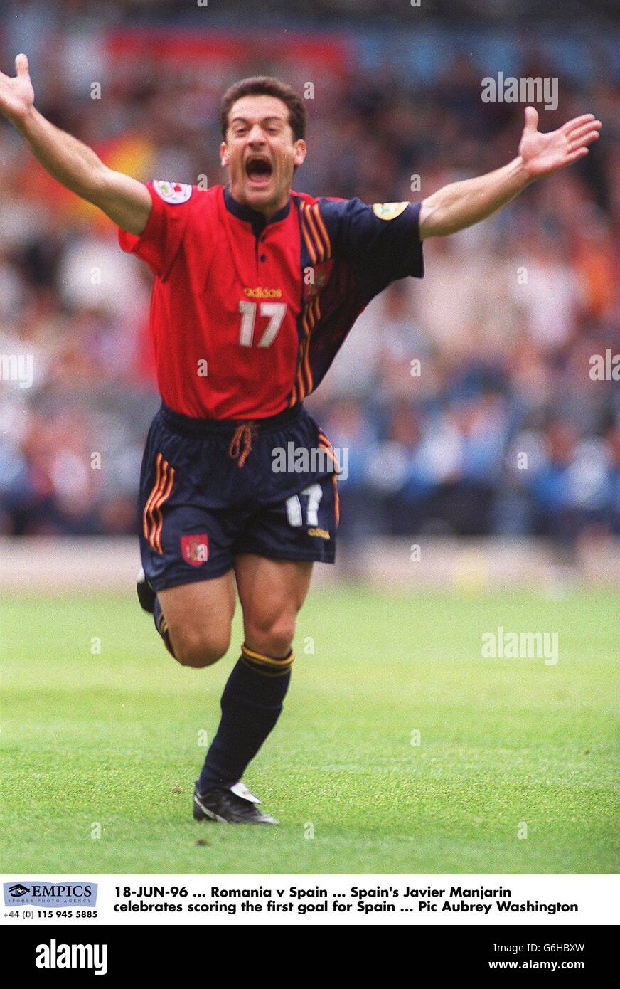 Spain's Javier Manjarin celebrates scoring the first goal for Spain Stock Photo
