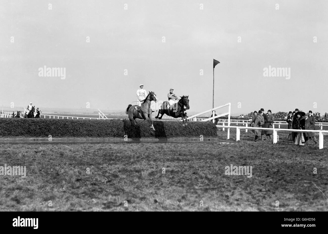 Grand National Water Jump. 'Glenside', Mr Jack Anthony up, was to be the eventual winner of the race. Stock Photo