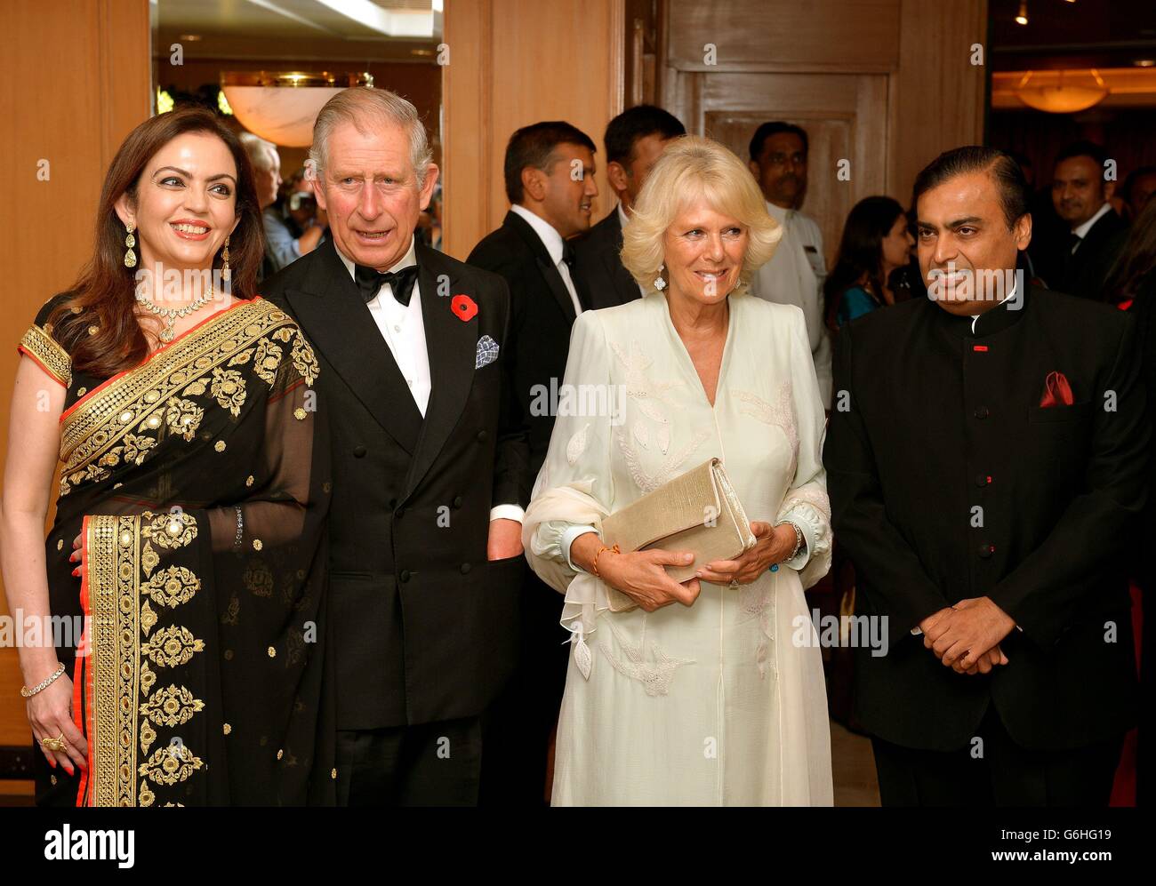 The Prince of Wales and the Duchess of Cornwall with Indian Billionaire Mukesh Ambani and his wife Nita, after arriving to attend a charity fund raising dinner in Mumbai India, on the fourth day of their eleven day tour of India and Sri Lanka. Stock Photo