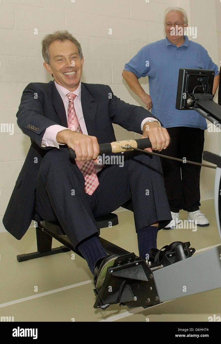 Prime Minister Tony Blair is put through his paces on a rowing machine