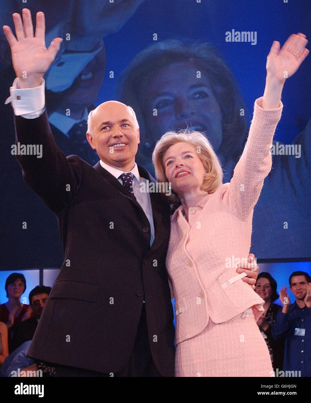 Tory leader Iain Duncan Smith and wife Betsy following his speech at the Conservative Annual Conference held in Blackpool. Mr Duncan Smith warned his party critics: 'Get on board or get out of our way.' Mr Duncan Smith accused the Prime Minister of living in 'BlairWorld' where crime was down, taxes were low and the trains ran on time. Stock Photo