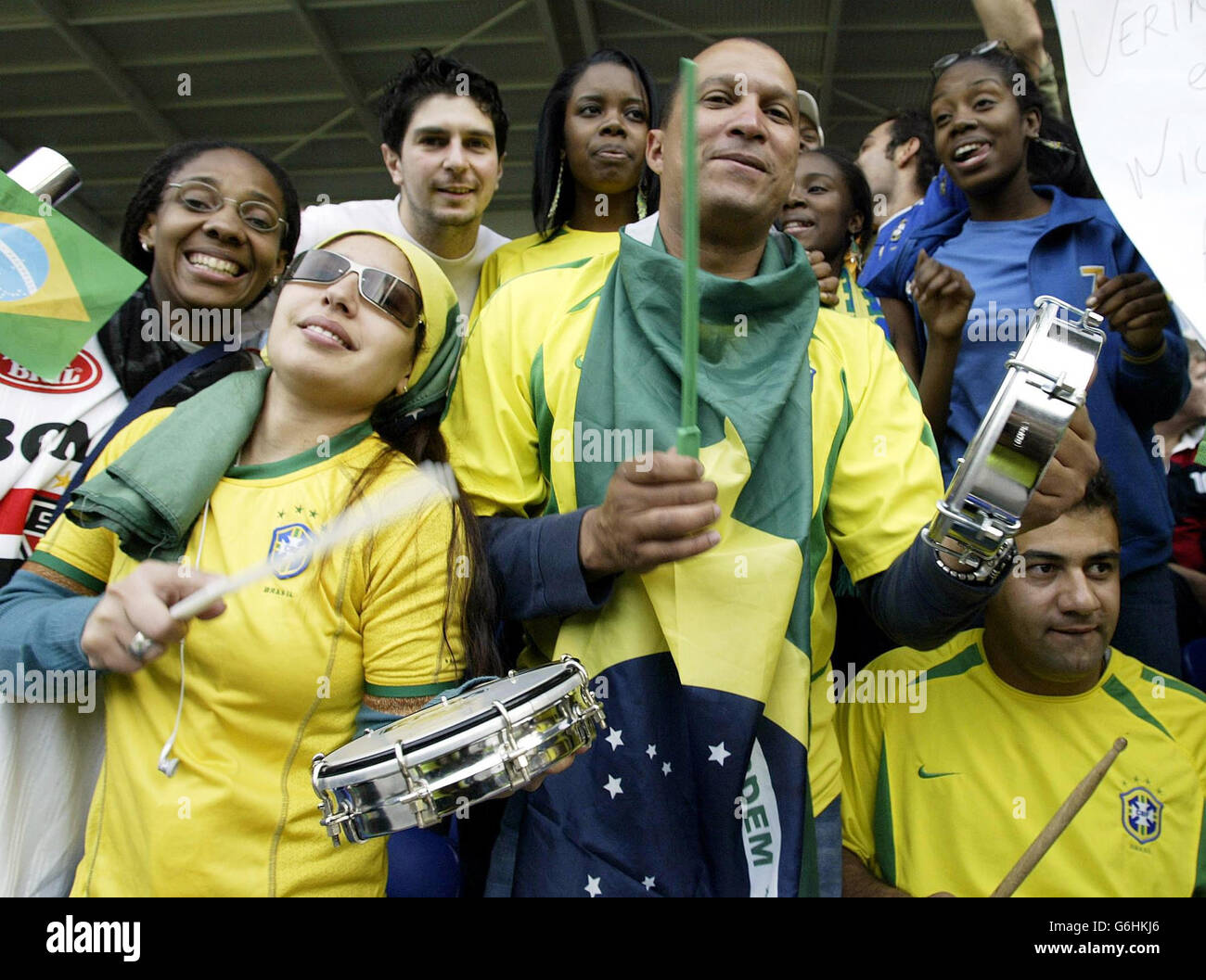 ** Brazilian fans enjoy themselves, during the friendly international match against Jamaica at Walkers Stadium, Leicester. Brazil won 1-0. Stock Photo